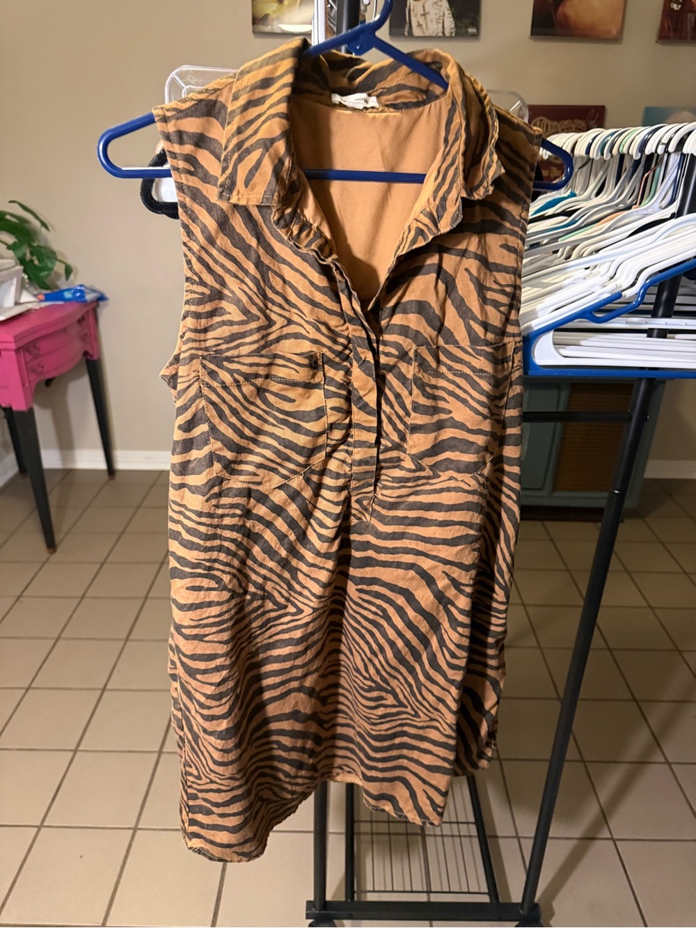 Sleeveless Zebra-Print Mini Dress in Tan and Black